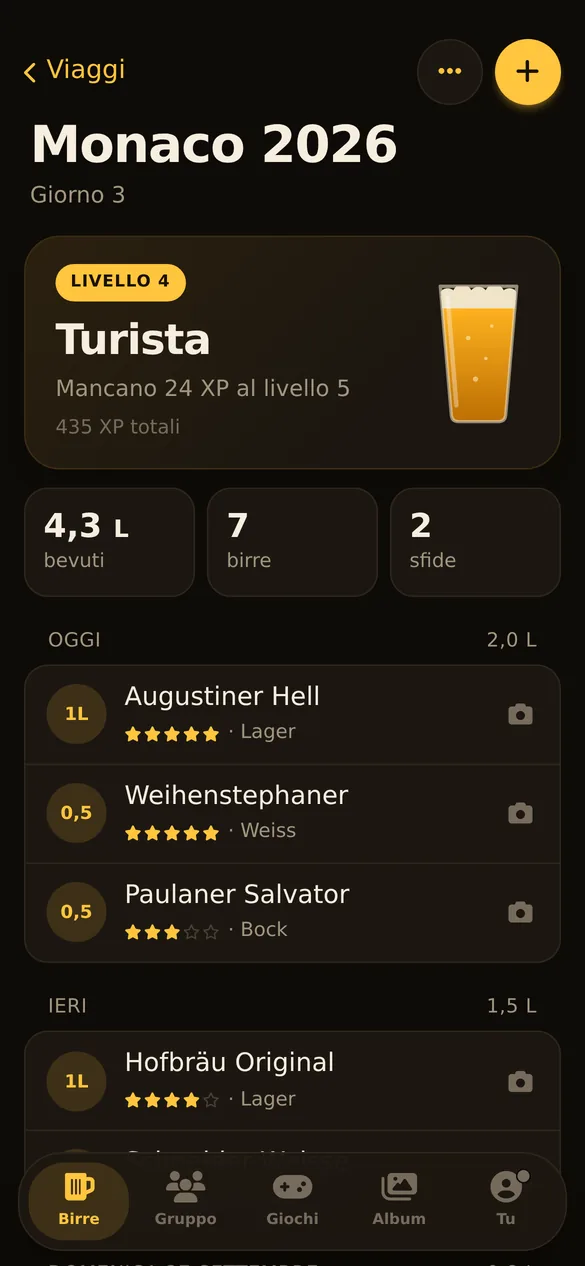 La home dell'app con il viaggio e il livello